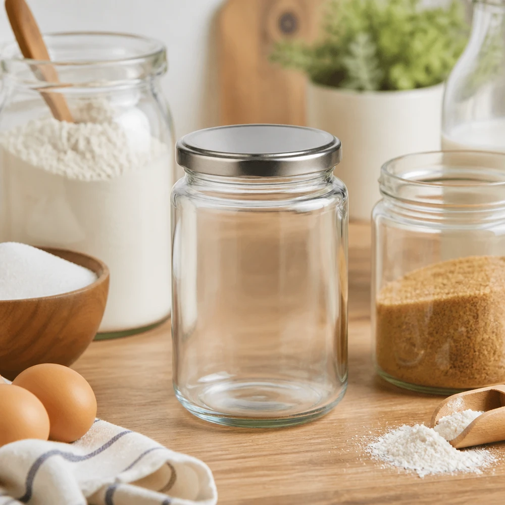 382ml Verre rond avec couvercle BasicSeal argent UNiTWIST 382ml bocal rond avec couvercle BasicSeal argent vide dans scène de cuisine avec ingrédients farine oeufs bol en bois bocal à provisions