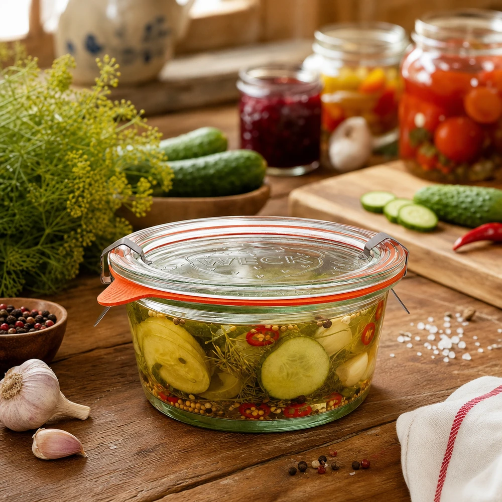 WECK Pot gourmet 450ml RR120 pour la mise en conserve de cornichons et de légumes dans une cuisine rustique avec des épices