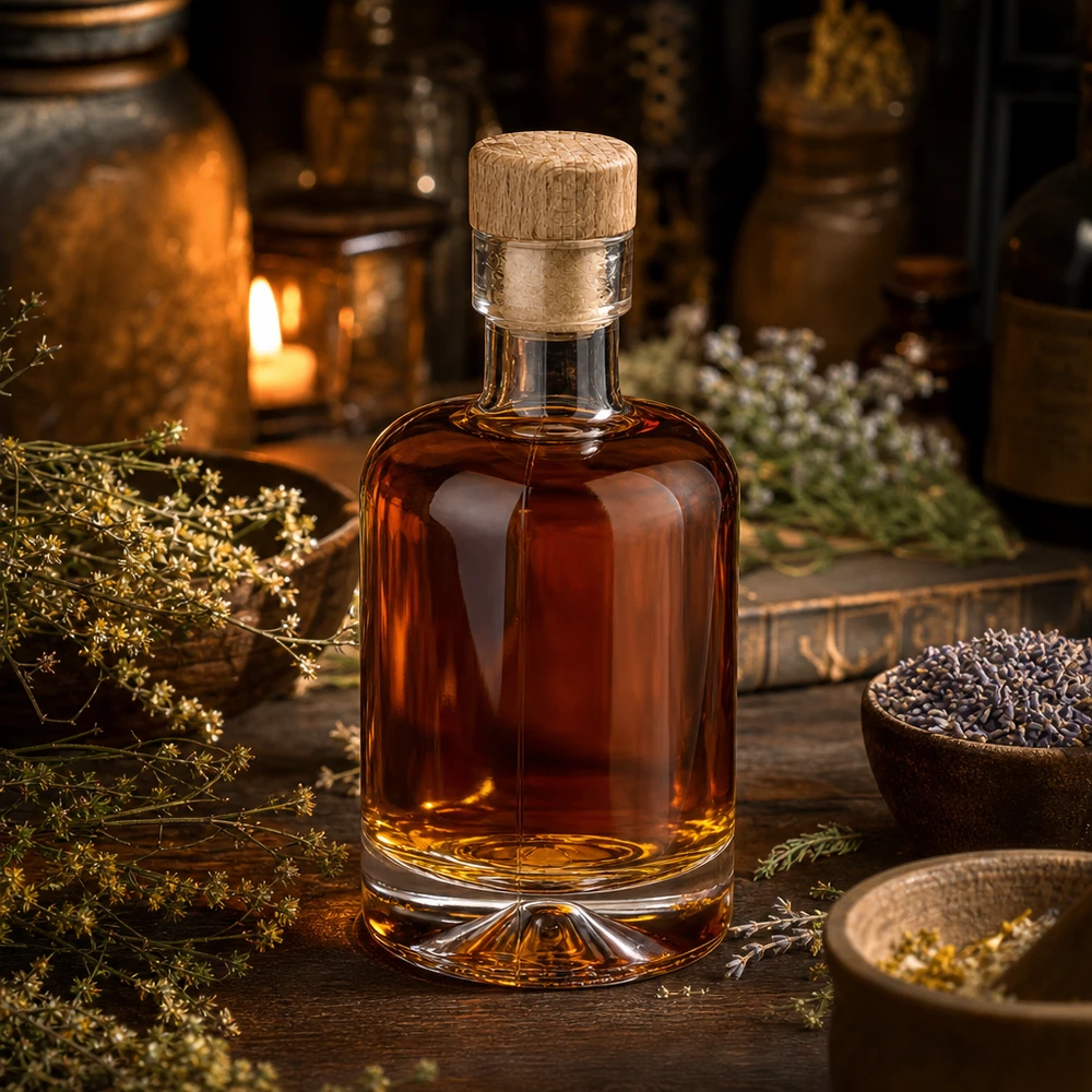 Bouteille en verre Amélie de 50 ml remplie de spiritueux ambrés parmi les herbes et les épices avec éclairage d'ambiance