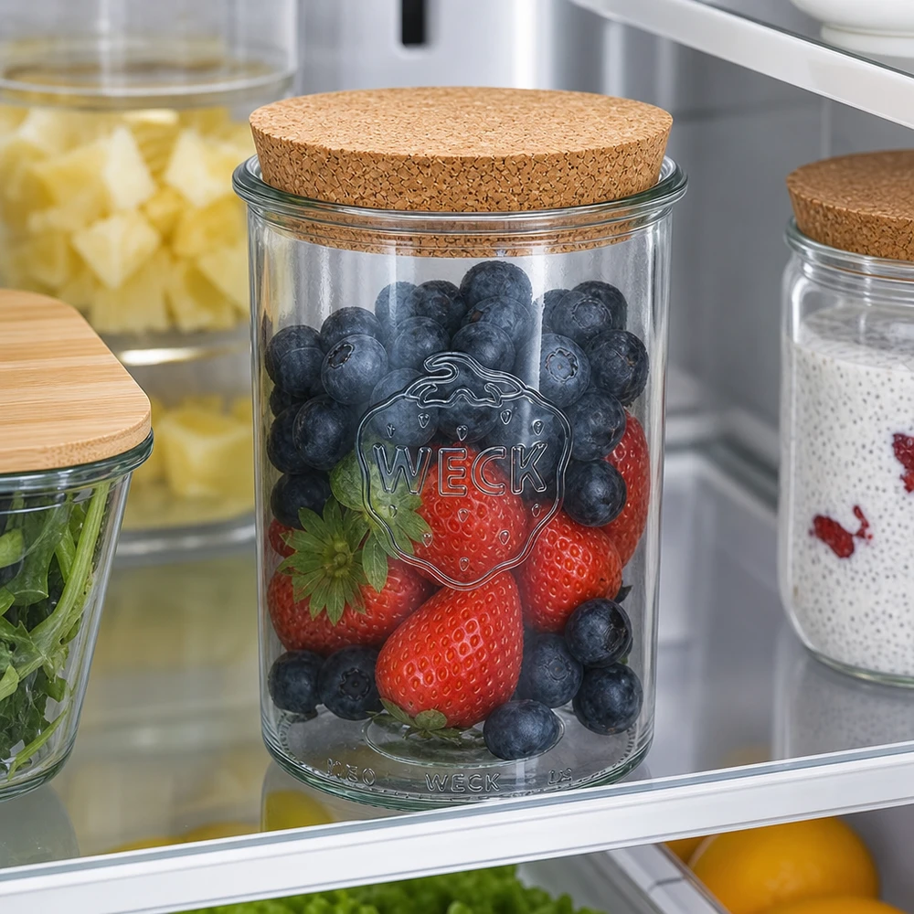 1000ml bocal conique WECK RR100 avec bouchon nature WECK Sturzglas 1000ml RR100 mit Korkdeckel im Kühlschrank gefüllt mit frischen Beeren stylische Aufbewahrung Vorratsglas