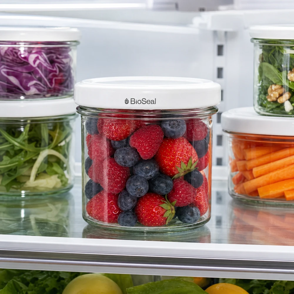 125ml Verre conique avec couvercle BioSeal blanc UNiTWIST UNiTWIST Verre renversé 125ml Baies Fraises Myrtilles Réfrigérateur frais TO66 BioSeal blanc Couvercle verre