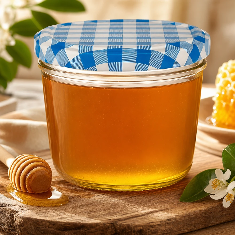 230ml Verre conique avec couvercle BasicSeal bleu/blanc UNiTWIST Pot de conservation de 230 ml avec couvercle bleu et blanc rempli de miel à côté d'une cuillère à miel et de fleurs sur une table en bois