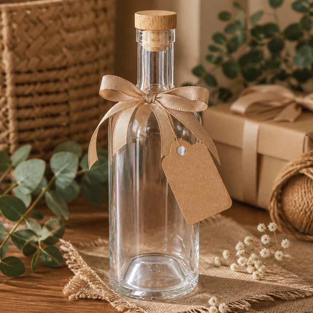 Bouteille en verre Emma de 750 ml comme emballage cadeau avec un ruban beige et un pendentif dans un environnement décoratif naturel