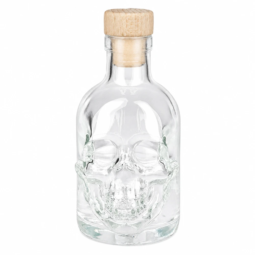 Bouteille en verre Jack de 200ml avec un design de tête de mort et un bouchon en bois, bouteille de spiritueux vide avec un bouchon à vis