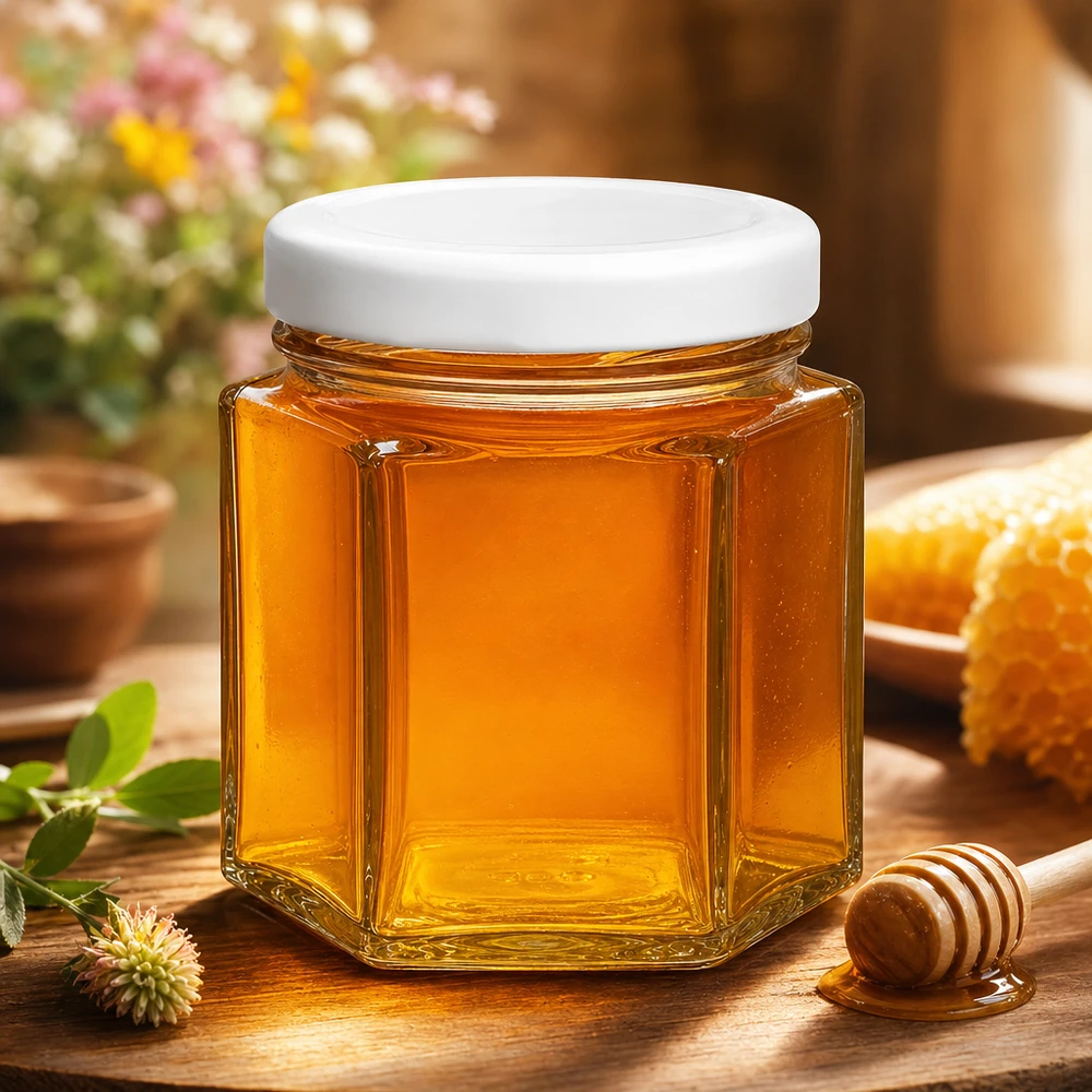 47ml Verre hexagonal avec couvercle BasicSeal blanc UNiTWIST Bocal hexagonal de 47 ml avec couvercle BasicSeal rempli de miel à côté d'une cuillère à miel et d'un nid d'abeille sur une table en bois