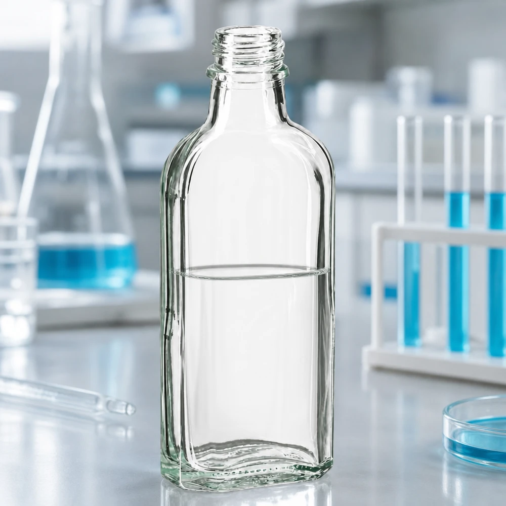 Flacon de laboratoire transparent de 100 ml « Meplat » à bouchon à vis DIN 22, à côté de tubes à essai
