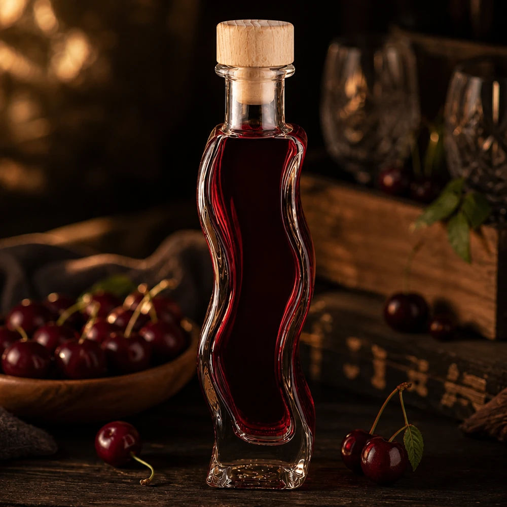 Flacon en verre « Melissa » 100 ml avec bouchon en bois UNiTWIST® Bouteille en verre Melissa de 100 ml remplie de liqueur de cerise rouge Bouchon en bois Cerises fraîches Cuisine conviviale atmosphérique