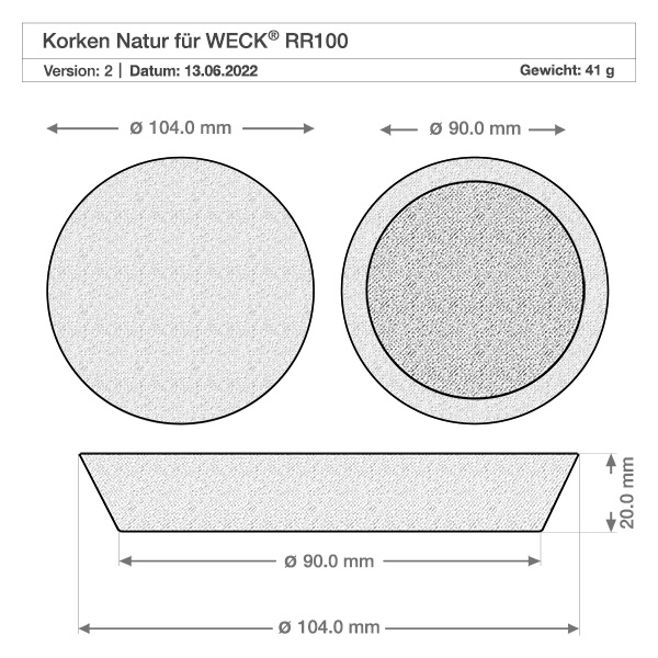 1062ml bocal tulipe WECK RR100 avec bouchon nature Dessin technique WECK bouchon nature pour verre RR100 avec dimensions diamètre 104mm et 90mm hauteur 20mm