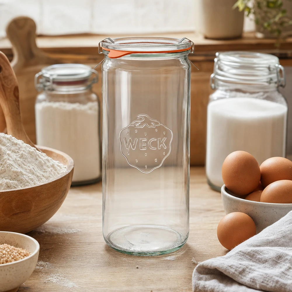 WECK 1040ml verre cylindrique RR80 vide dans cuisine chaude entouré de farine oeufs et lait pour la pâtisserie et la cuisine