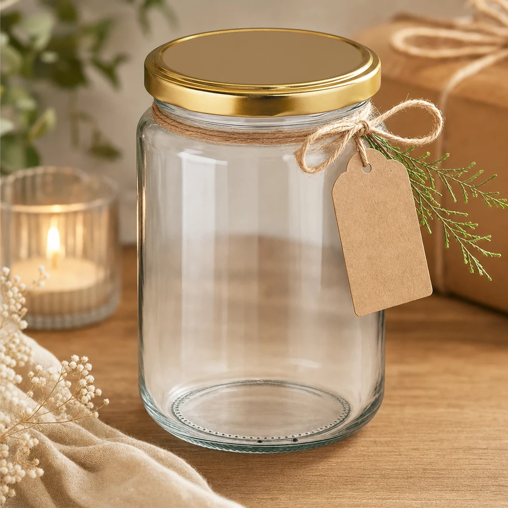 382ml Verre rond avec couvercle BasicSeal or UNiTWIST Verre rond de 382 ml avec couvercle doré UNiTWIST arrangé de manière décorative avec étiquette cadeau et ficelle de jute