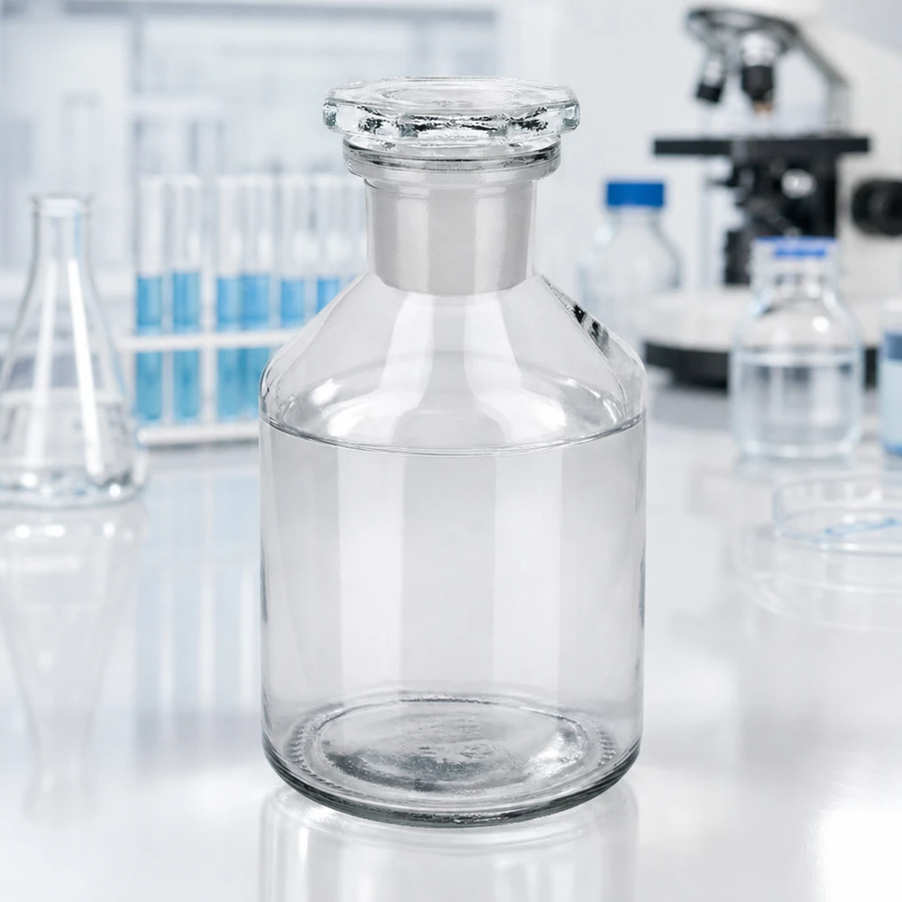 Flacon à col étroit et conique 50 ml en verre clair + bouchon de verre Flacon à col droit de 50 ml, transparent, avec un bouchon en verre massif et un corps cylindrique large