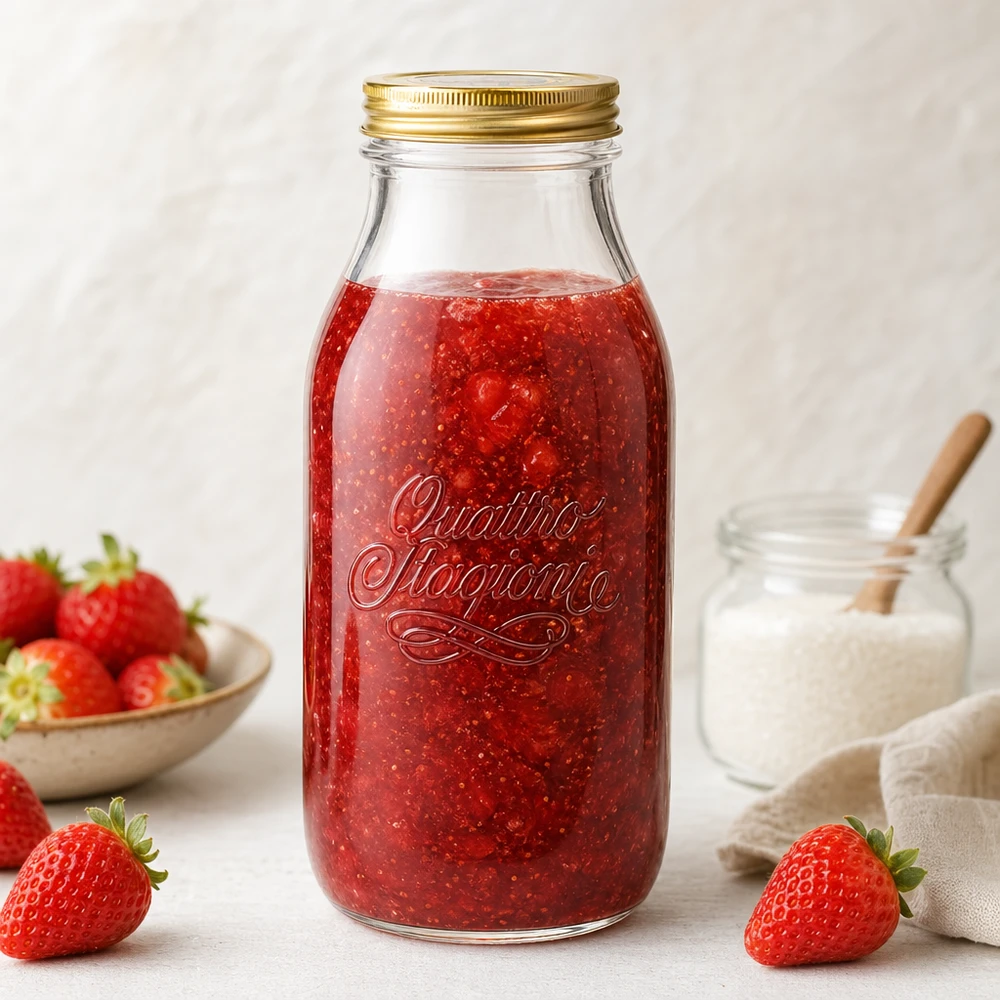 Quattro Stagioni 1000ml Bouteille en verre remplie de confiture de fraises, entourée de fraises fraîches et de verre au lait