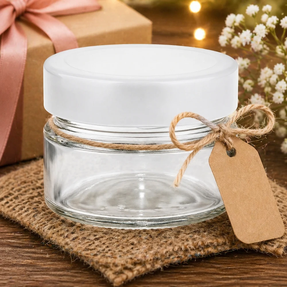 80ml Verre rond avec couvercle BasicSeal blanc UNiTWIST Pot rond de 80 ml avec couvercle blanc présenté de manière décorative avec un emballage cadeau et une banderole en corde de jute