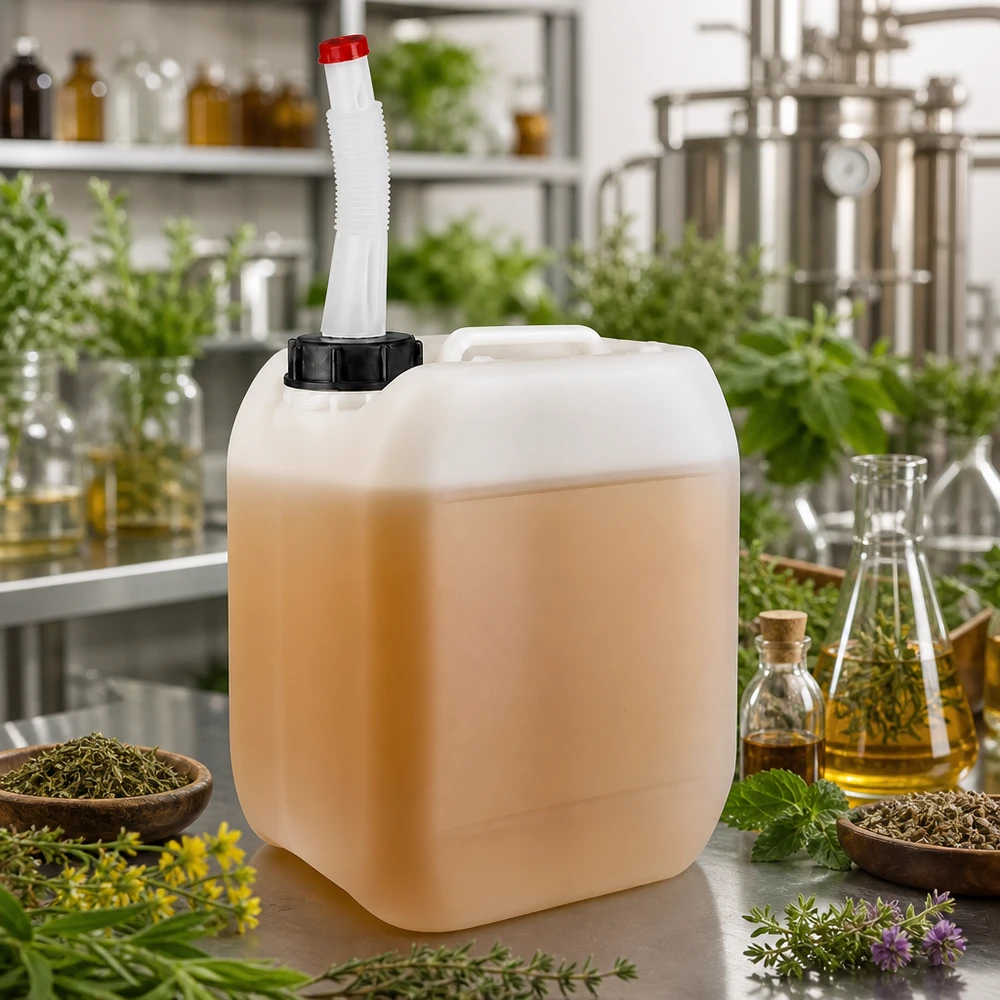 Bidon en plastique blanc de 5 litres muni d'un bec verseur rouge, dans un laboratoire d'herboristerie