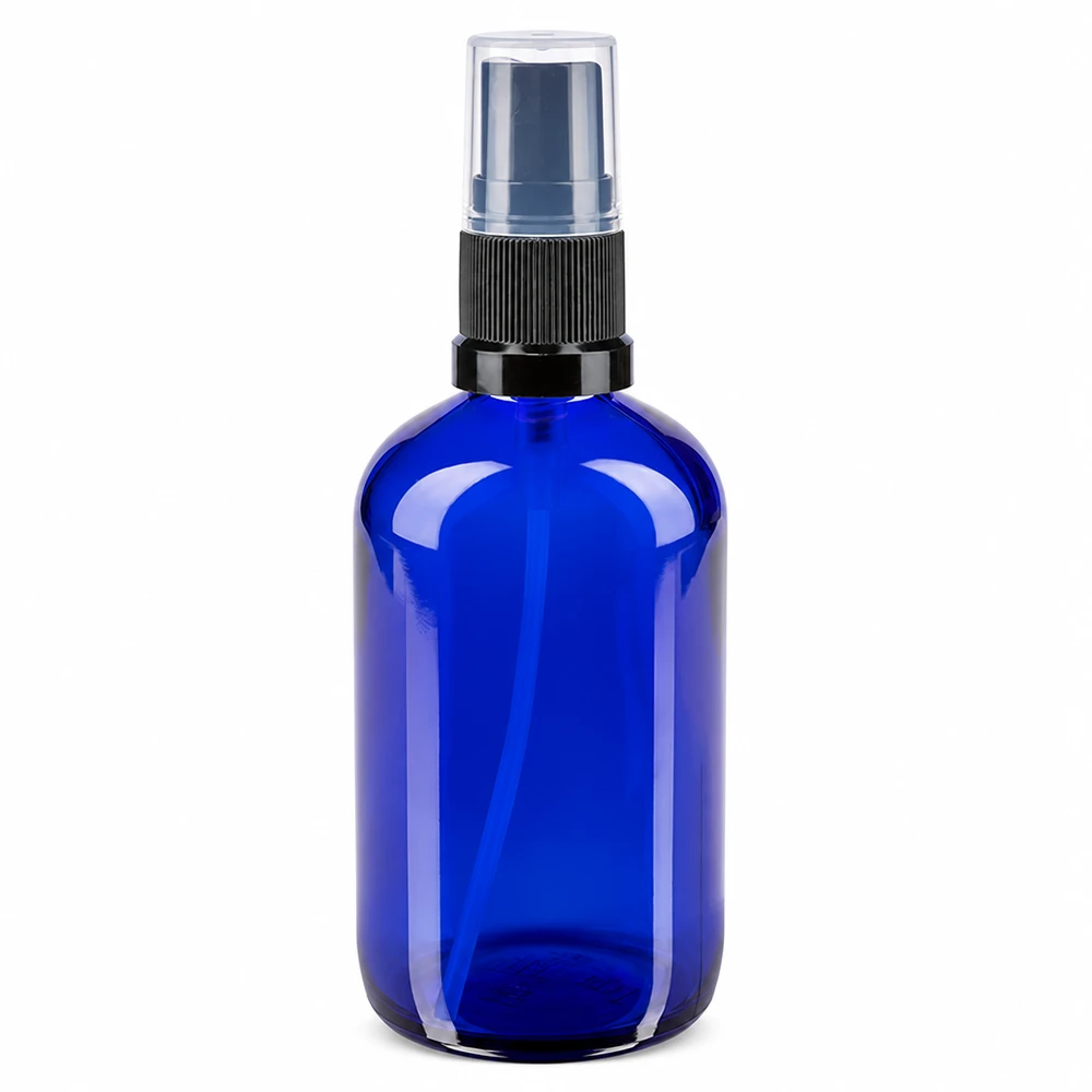 Flacon pulvérisateur en verre bleu de 100 ml, de type pharmacie, avec pompe noire STD