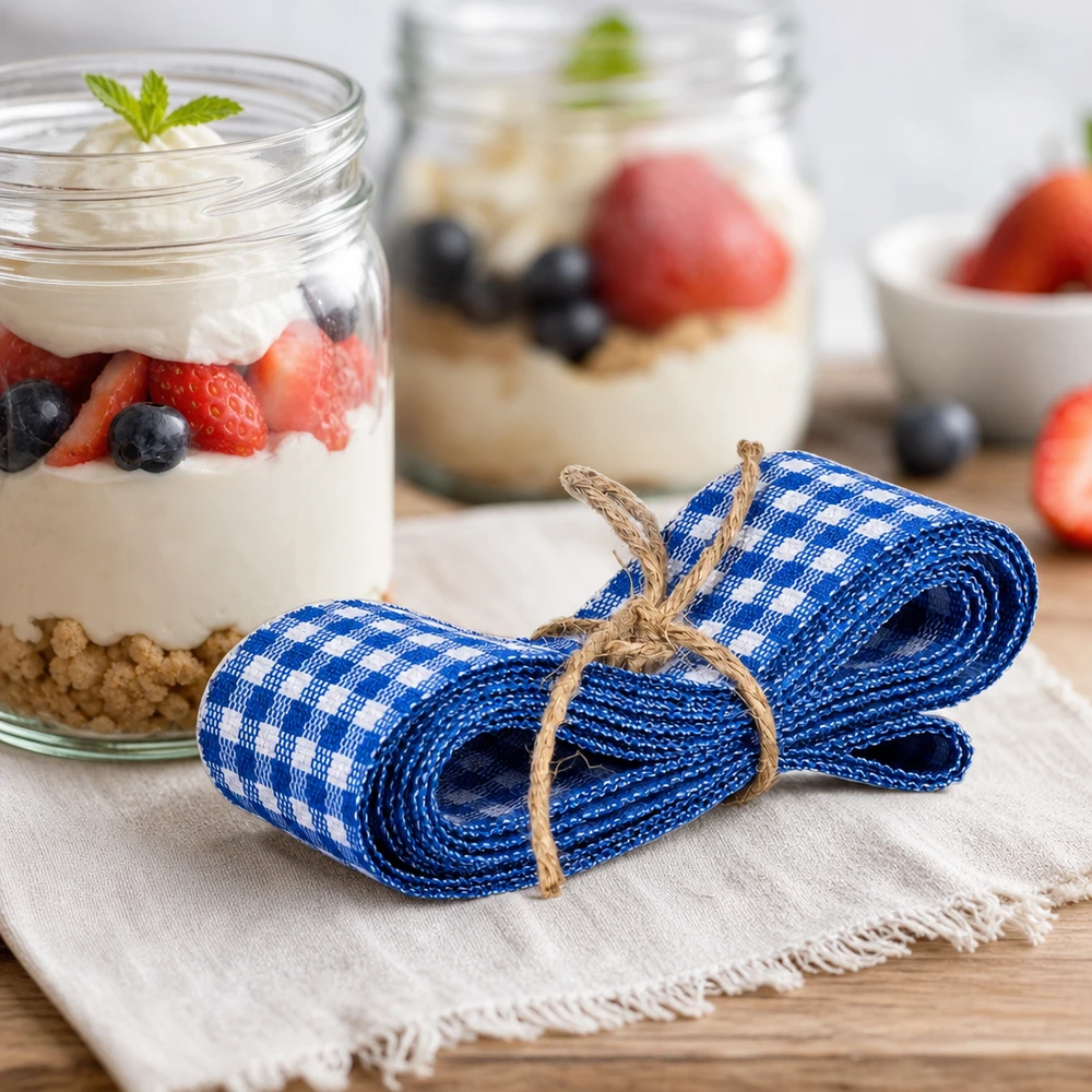 Ruban de tissu bleu et blanc à carreaux 300cm lié de manière décorative à côté de verres à dessert avec du yaourt et des baies