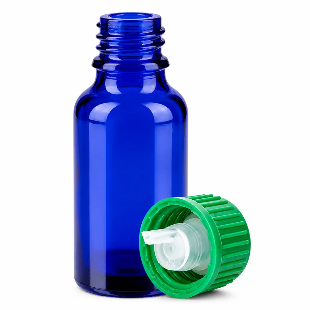 20ml Flacon compte-goutte 0.8mm vert STD BlueLine UT18/20 Flacon en verre bleu 20ml avec bouchon compte-gouttes vert STD pas de vis UT18/20 pour un stockage sûr