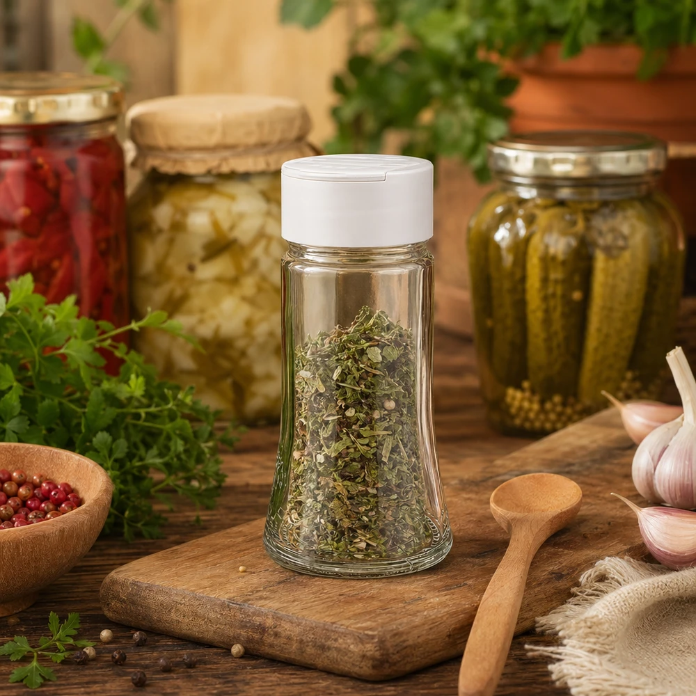 Pot à sel/épices 95 ml avec double saupoudreuse, blanc Pot à épices de 95 ml avec un saupoudreur double blanc, posé sur une planche en bois entre des bocaux de conserve et des herbes fraîches