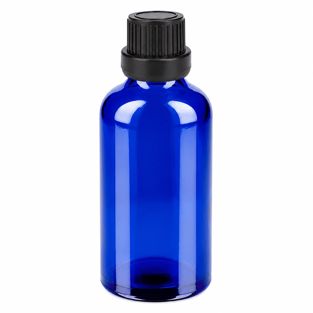 Flacon 50ml 11mm SV noir OV BlueLine UT18/50 Flacon compact de 50ml avec un pas de vis de 11mm, idéal pour l'aromathérapie et les cosmétiques naturels.