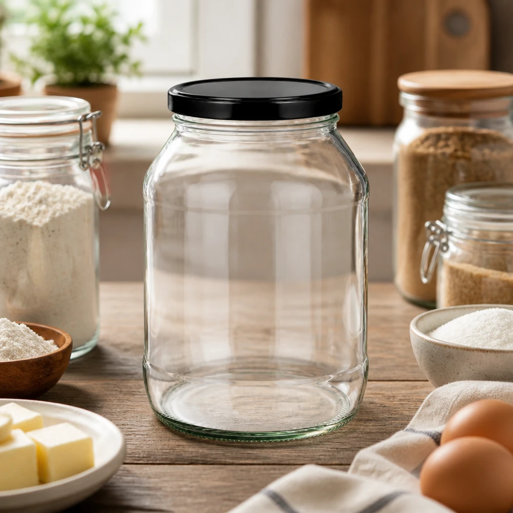 Bocal rond de 2650 ml avec couvercle BasicSeal noir dans l'environnement de la cuisine entre les bocaux à provisions et les ingrédients de cuisson