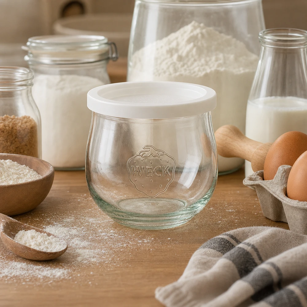 Bocal en forme de tulipe de 370 ml avec couvercle hermétique WECK RR80 WECK Pot tulipe 370ml RR80 avec couvercle fraîcheur en scène de pâtisserie avec farine, œufs et lait sur plan de travail en bois