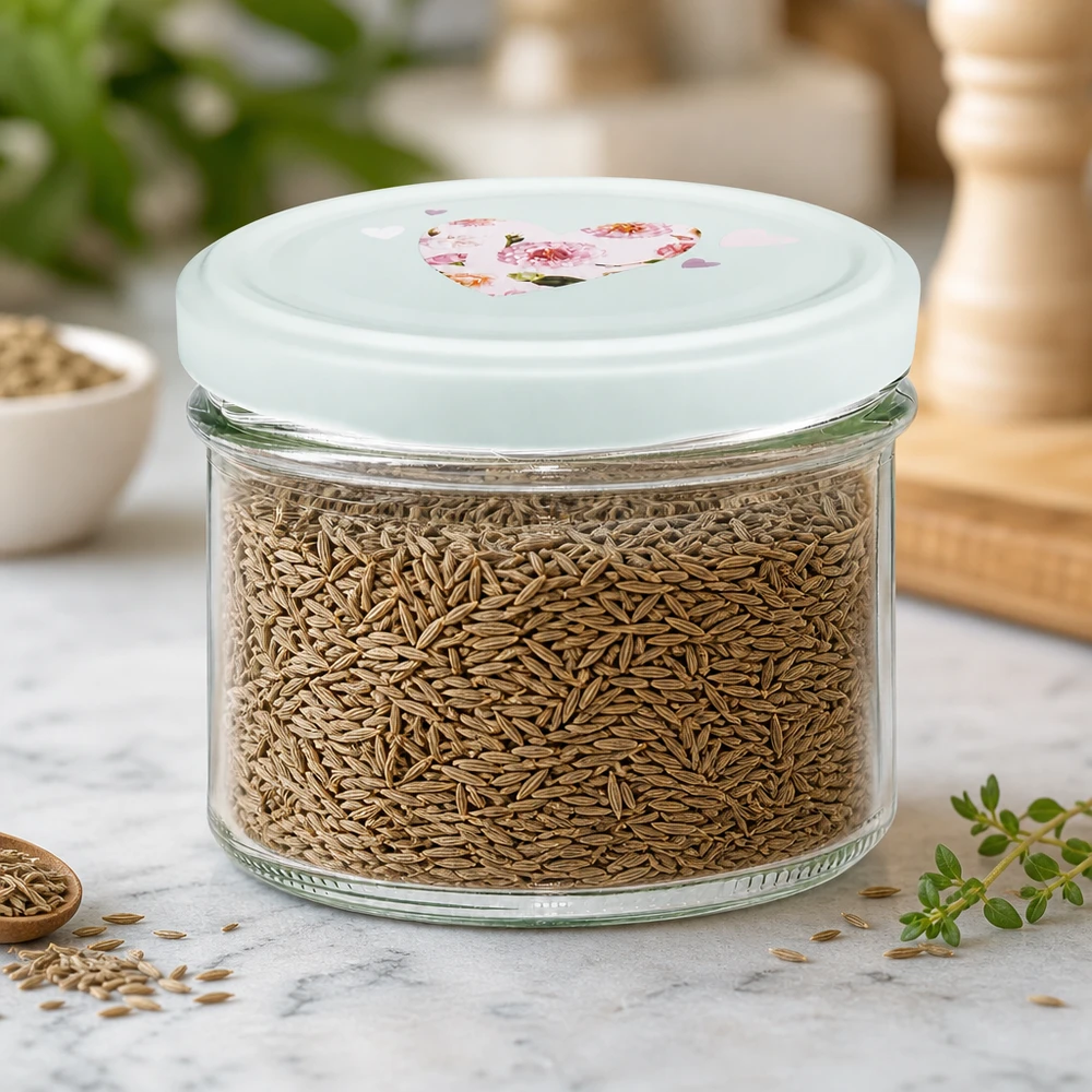 Verres de 225 ml + couvercle BasicSeal cur menthe UNiTWIST 225ml bocal en verre menthe BasicSeal couvercle rempli de cumin montre une conservation optimale des épices et des herbes aromatiques