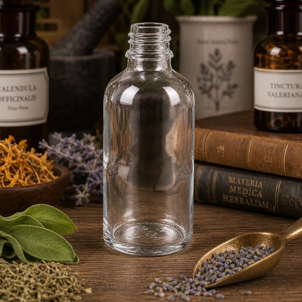 Flacon compte-gouttes 50 ml DIN18 - verre clair Bouteille de pharmacie ApoGlas de 50 ml à large ouverture pour un remplissage et un nettoyage faciles