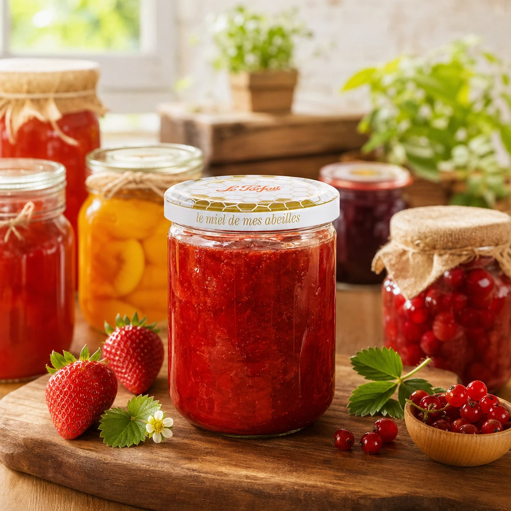 Le Parfait® pot miel 212 ml Ø63 mm Le Parfait Honey pot de conservation 212ml rempli de confiture rouge à côté de fraises fraîches et autres bocaux de conservation