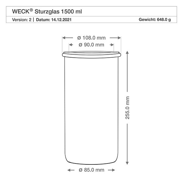 Lot de 6 bocaux Weck 1500ml ronds + couvercle en verre + anneaux + pinces Dessin technique WECK verre renversé 1500ml RR100 avec dimensions, diamètre 108mm, hauteur 255mm, poids 648g
