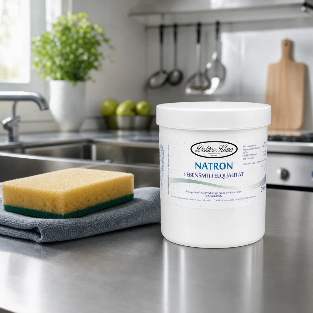 Bicarbonate de soude Doktor Klaus, en boîte blanche de 500 g, apte à l’utilisation alimentaire Bouteille de bicarbonate de soude blanche de 500 g sur le plan de travail de la cuisine, à côté de l'éponge et du torchon.