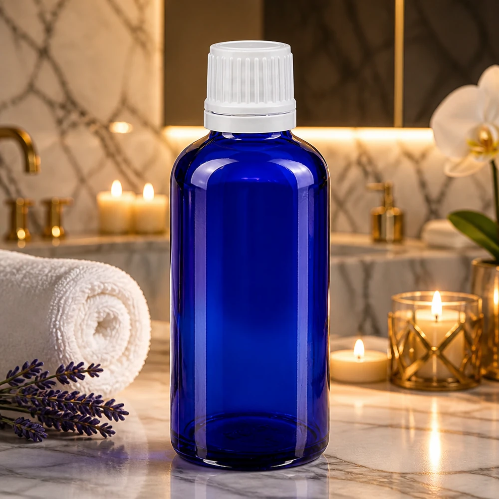 Flacon de pharmacie bleu cobalt de 50 ml avec bouchon compte-gouttes blanc de 11 mm, sur fond marbré