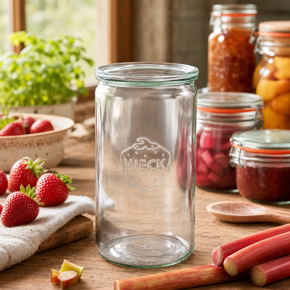 WECK Pot de conserve 1590ml dans cuisine rustique avec pots de confiture Fraises Rhubarbe Accessoires de cuisine Couvercle en verre