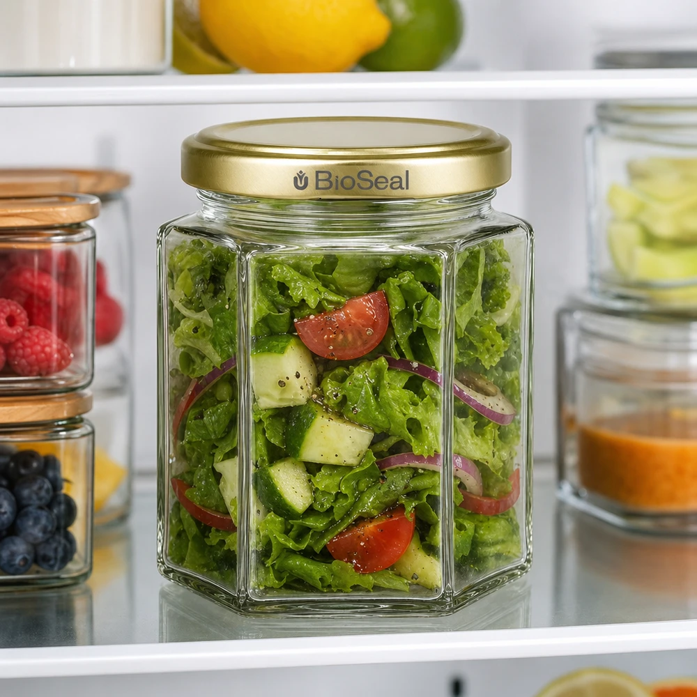 250g BioSeal pot de miel rempli de salade couvercle doré Réfrigérateur Meal Prep conservation verre de réserve cuisine