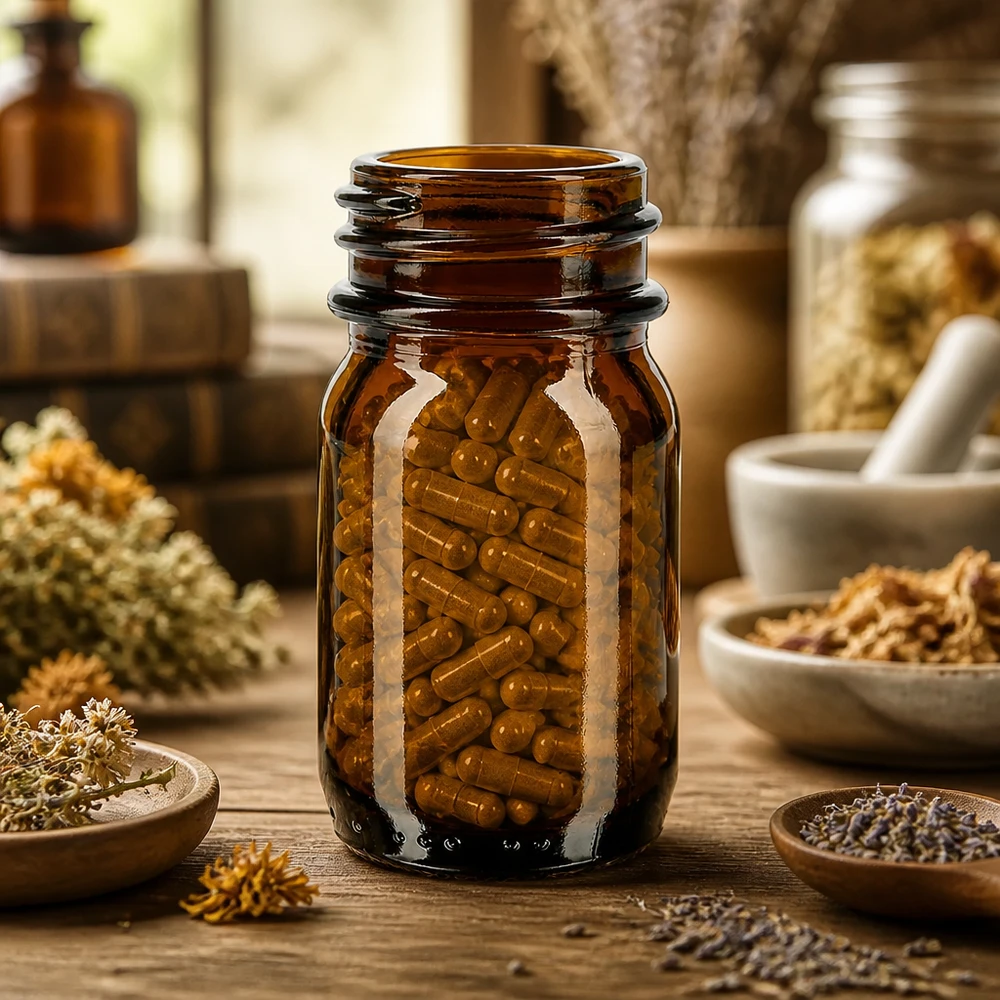Bouteille brune à col large 30ml pour gélules et compléments alimentaires