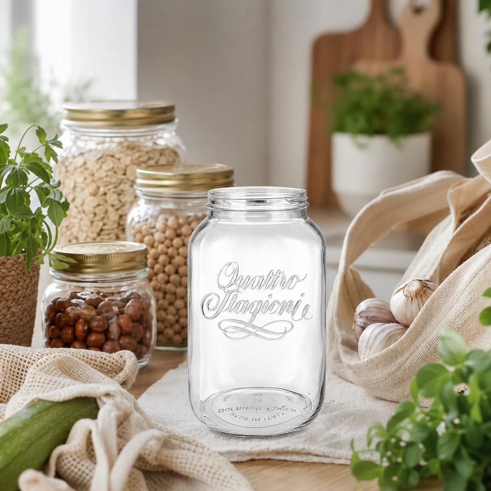 Quattro Stagioni Bocal ménager 3800ml pour conserver les aliments dans une cuisine rustique avec des bocaux à provisions