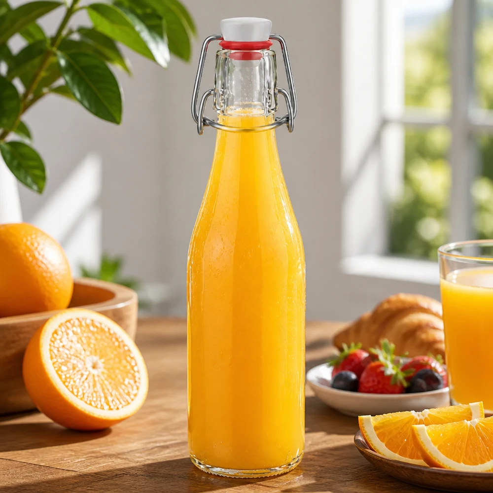 Bouteille en verre de 250 ml + bouchon mécanique PVC UNiTWIST Bouteille en verre de 250 ml avec fermeture à étrier remplie de jus d'orange, scène de cuisine décorative avec des oranges et des baies fraîches