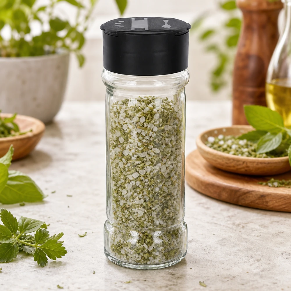 Pot à sel/épices 100 ml avec double saupoudreuse, noir Pot à épices transparent de 100 ml contenant un mélange d'origan et de sel, muni d'un bouchon en plastique noir