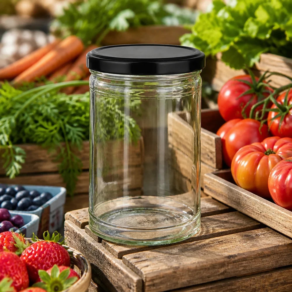 1053ml Verre conique avec couvercle BasicSeal noir UNiTWIST Bocal vide de 1053ml avec couvercle noir sur planche en bois entouré de légumes frais Tomates Carottes Fraises