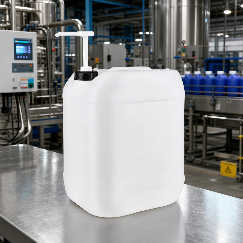 Bidon rectangulaire en plastique de 20 L avec pompe doseuse, sur une surface en acier inoxydable, en usine