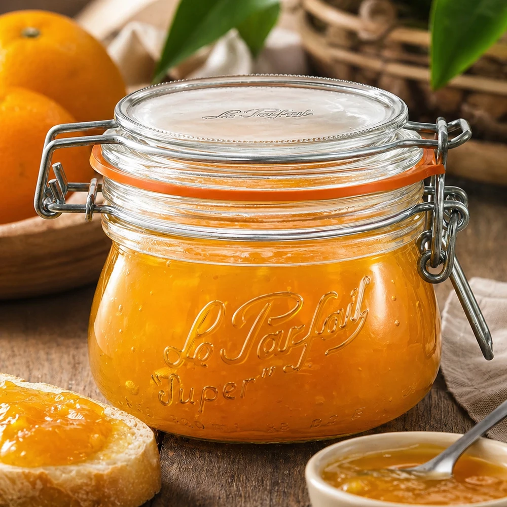 Bocal Le Parfait® 250 ml Ø70 mm conserve 250ml Le Parfait Super Pot à provisions avec fermeture à étrier rempli de marmelade d'orange sur table en bois avec des oranges fraîches