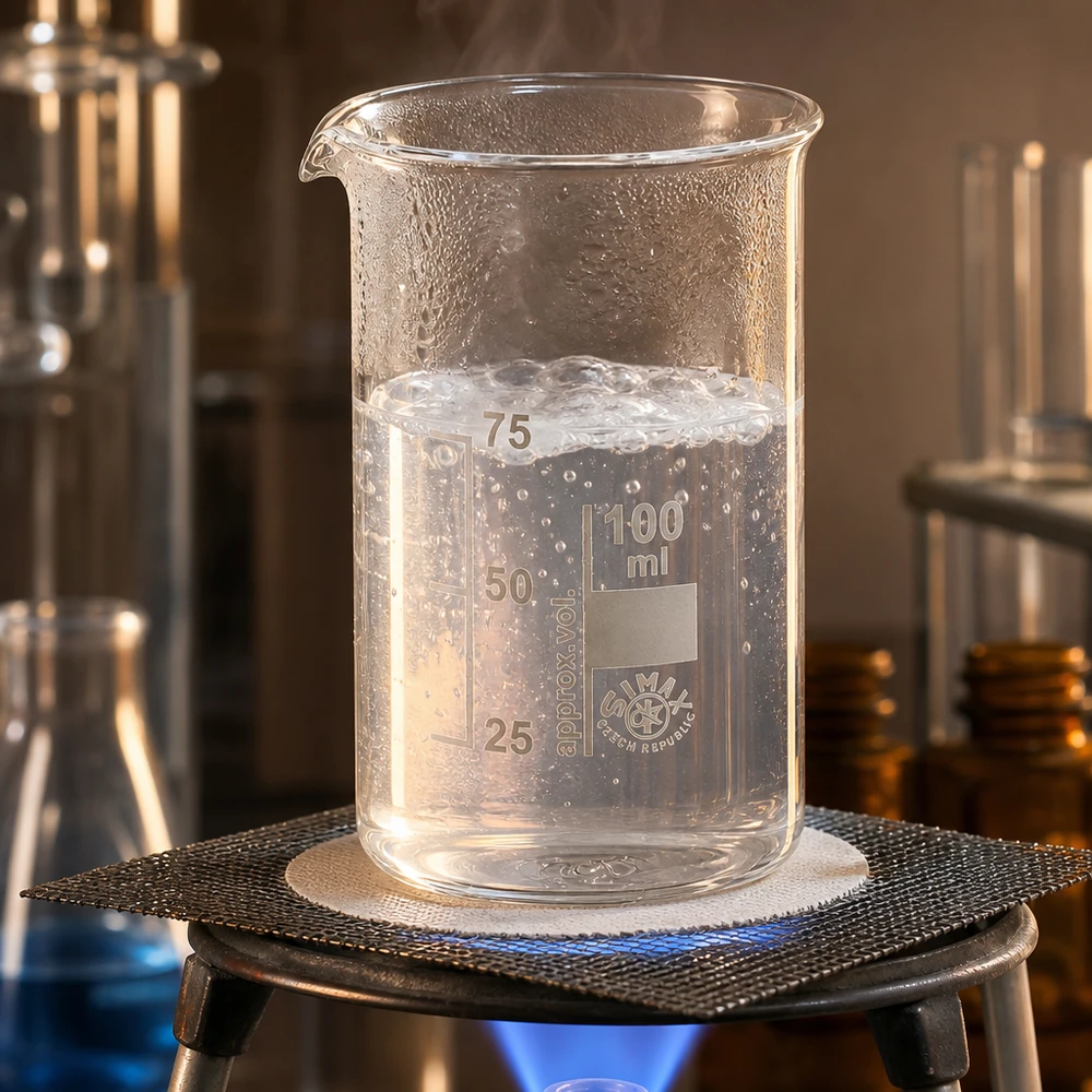 Bécher 100ml en verre borosilicate résistant à la chaleur (forme haute) Bécher de 100 ml, de forme haute, posé sur un trépied, sous la flamme d'un brûleur à gaz dans un environnement de laboratoire