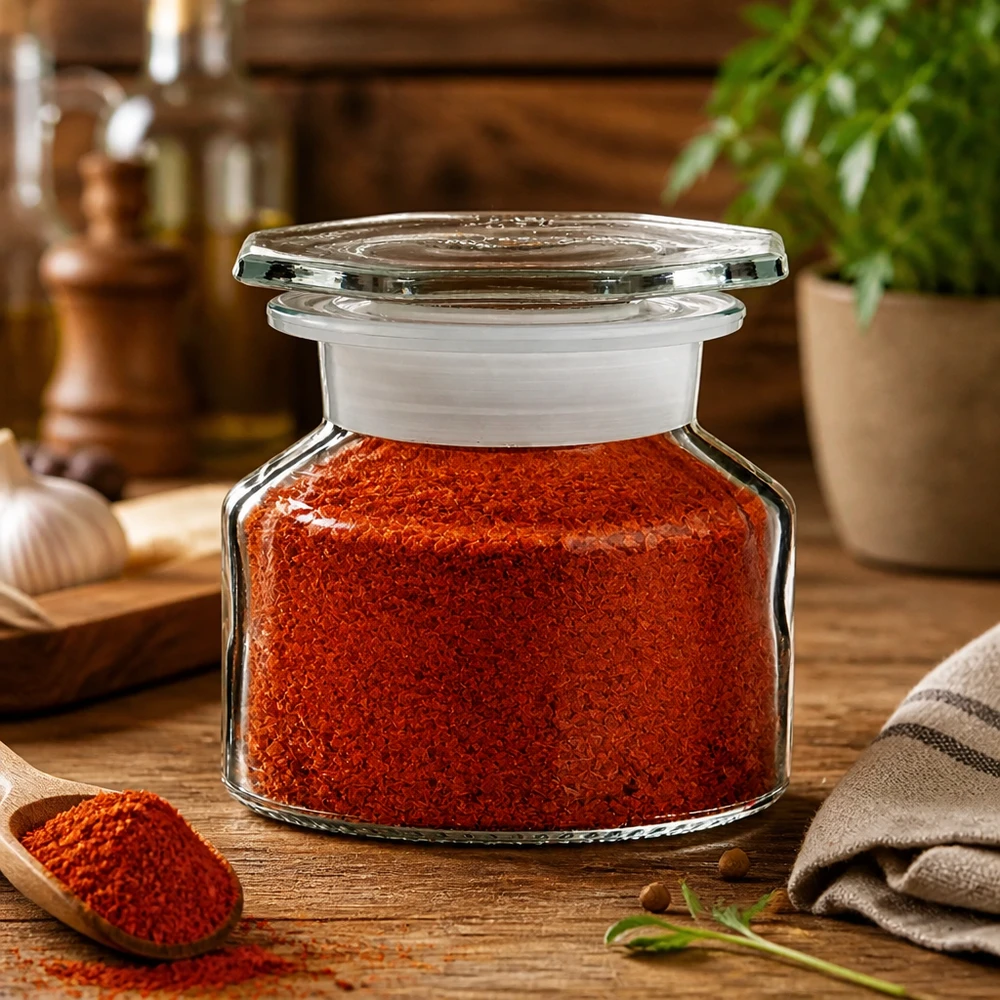 Idée de pot à épices : flacon à col large et conique 50 ml en verre clair + bouchon de verre Flacon à col droit de 50 ml en verre transparent pour épices, avec du paprika rouge et une cuillère en bois