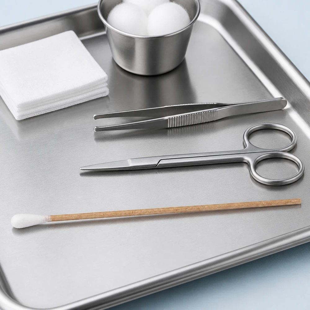 Coton-tige non stérile avec tige en bois, présenté sur un plateau à instruments destiné aux soins médicaux des plaies