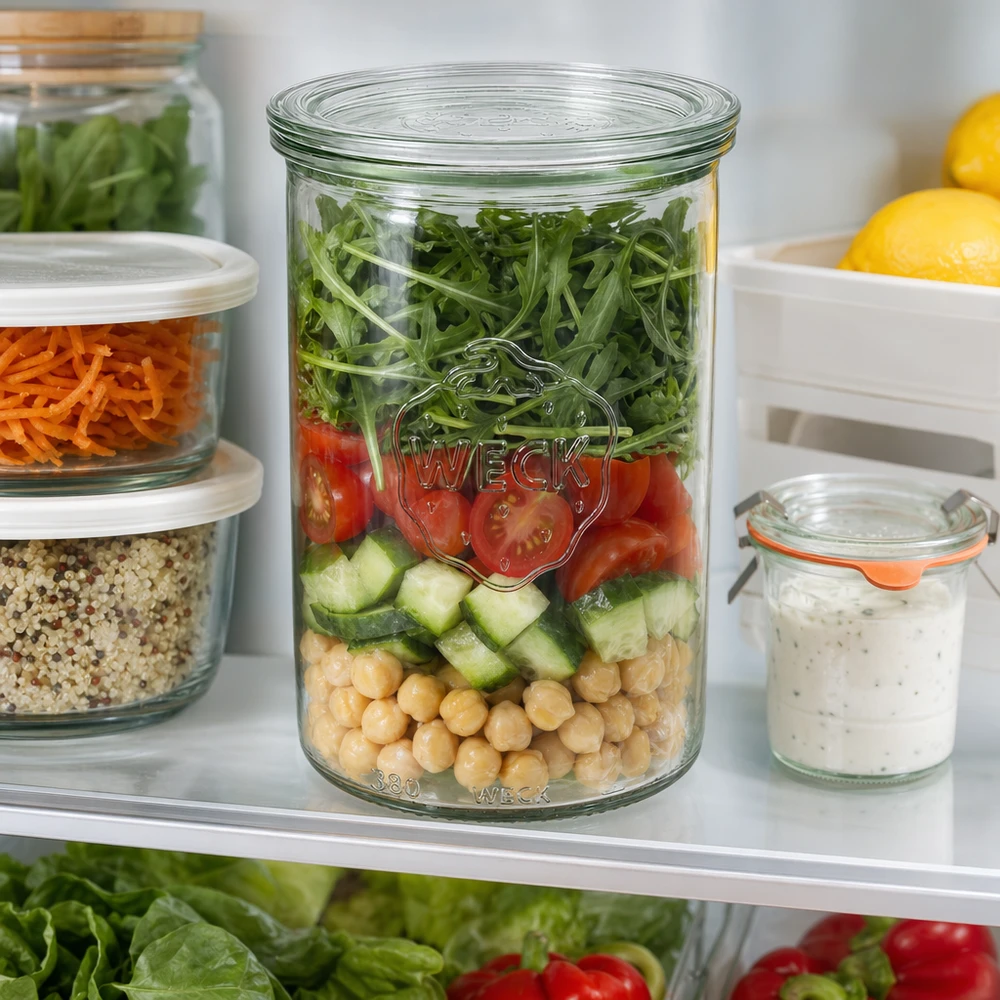 1000ml bocal conique avec bouchon en verre WECK RR100 WECK Pot renversé 1000ml RR100 au réfrigérateur avec Salat-Meal-Prep à côté d'autres bocaux de stockage avec des pois chiches