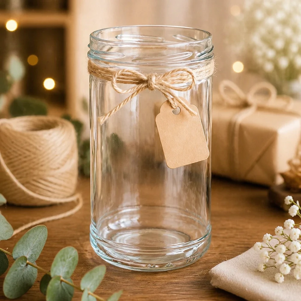 1053ml Verre conique sans couvercle (TO100) UNiTWIST UNiTWIST Verre renversé 1053ml avec décoration rustique Corde de jute et étiquette cadeau disposées sur une table en bois