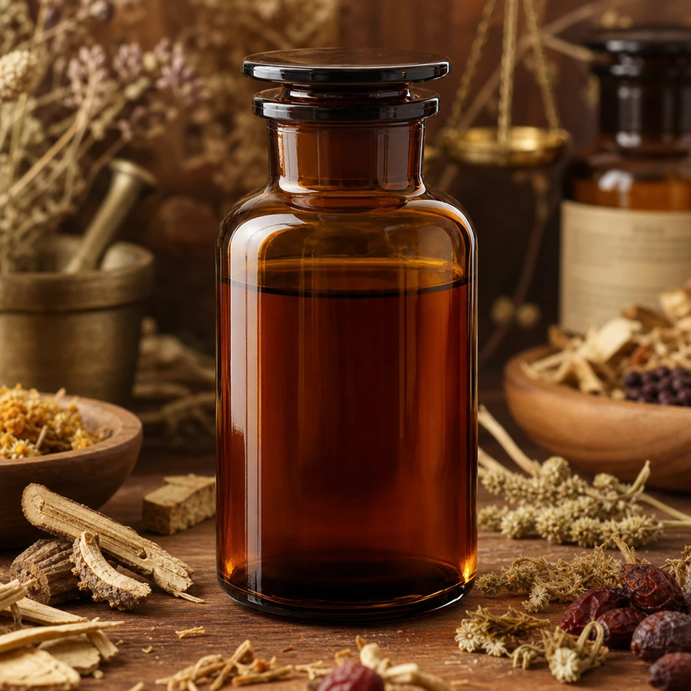 Flacon pharmaceutique 500 ml col large + bouchon verre ambré Bouteille de conservation marron de 500 ml, à col large et épaulement arrondi, munie d'un bouchon en verre étanche
