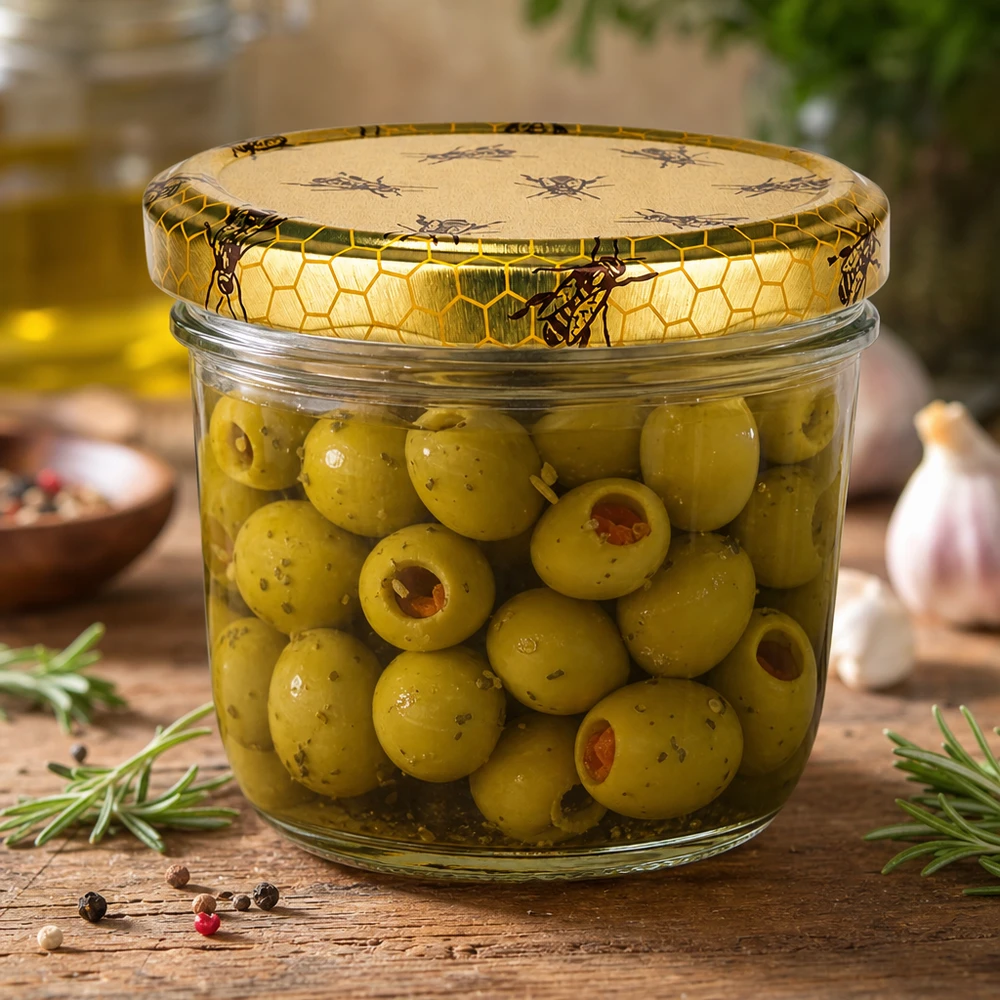 230ml Verre conique avec couvercle BasicSeal nid d'abeilles UNiTWIST Pot renversé de 230 ml avec couvercle en nid d'abeille rempli d'olives vertes comme exemple d'application pour la conservation