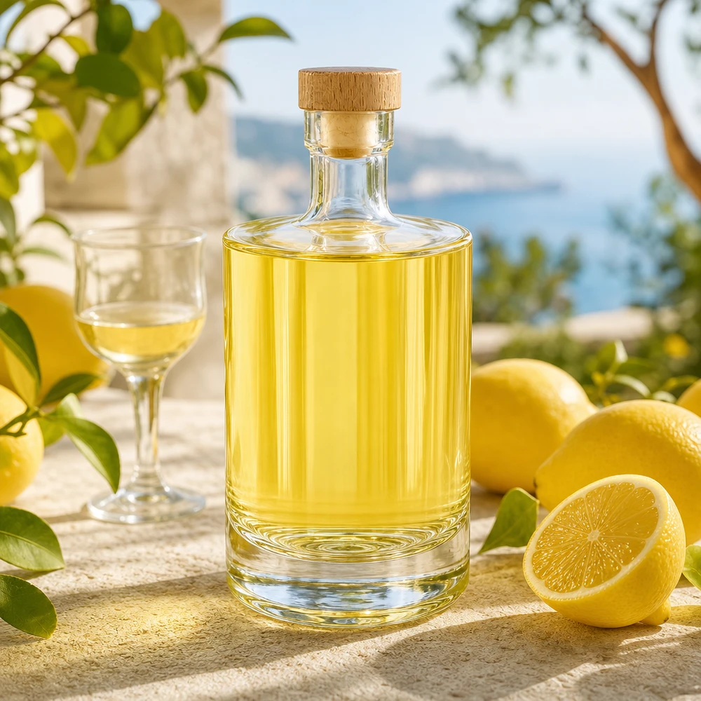Bouteille en verre 500 ml « 500ml Glasflasche "Marie" mit Holzgriff-Korken UNiTWIST » avec bouchon en bois UNiTWIST® Glasflasche Marie befüllt mit gelbem Likör neben Zitronen - stilvolle Präsentation für Limoncello und Spirituosen