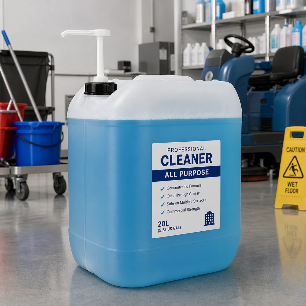 Nettoyant professionnel multi-usages en bidon de 20 litres avec pompe, à côté d'un kit de nettoyage et d'une machine à nettoyer les sols