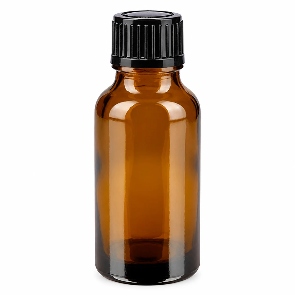 Petit flacon compte-gouttes de 20 ml en verre borosilicaté brun avec bouchon doseur noir